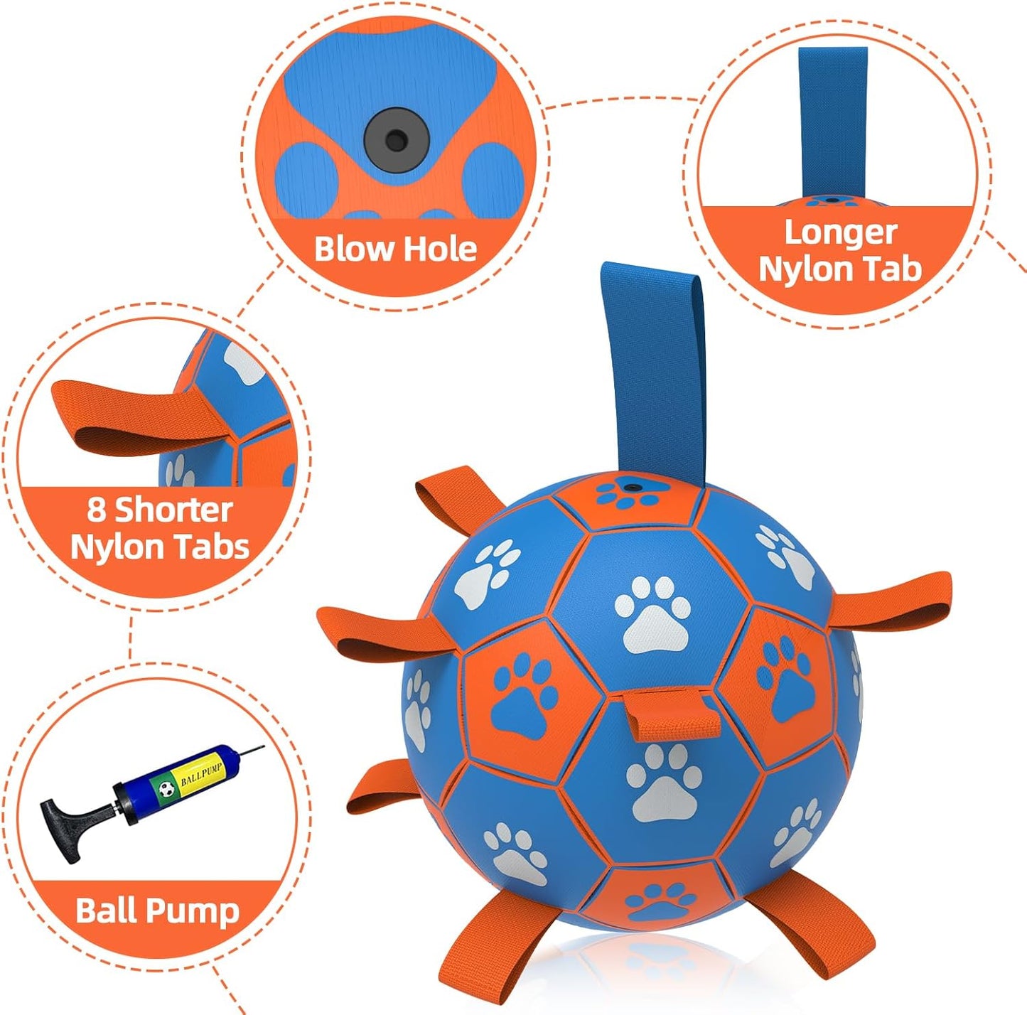 QDAN Dog Ropes Toys Soccer Ball with Straps, Puppy Birthday Gifts, Tug Toy, Durable Dog Balls for Medium & Large Dogs- Blue Orange(8 Inch)
