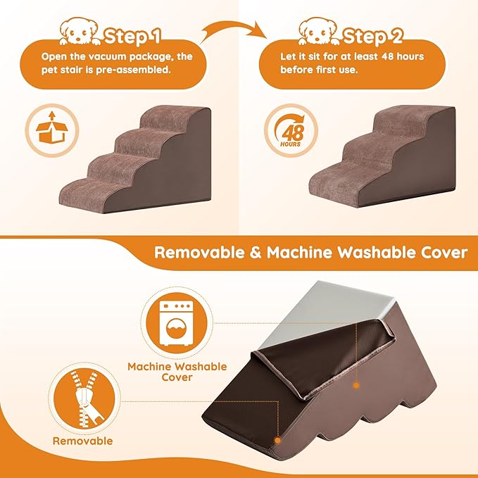 Pet Stairs, Dog Stairs for Small Dogs, Dogs Steps, 5-Step Curved Dog Ramp for Bed, Couch, Sofa, Car and Chair, Non-Slip Bottom Design, Cat Scratching Board, High Density Foam Portable Pet Step, Coffee