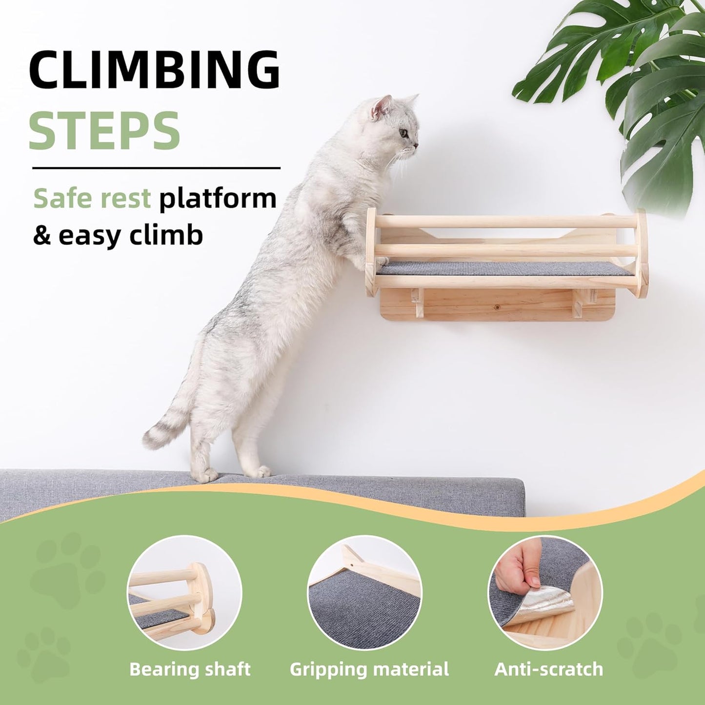 Pine Cat Wall Shelves with Scratch Mat, Wall-Mounted Cat Shelves, Space-Saving Shelf for Cats