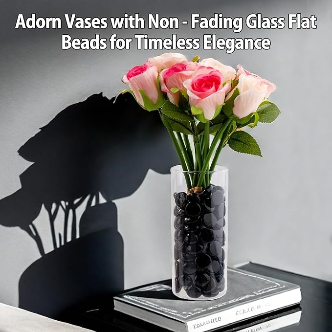 Black Glass Marbles, 0.97 LB Flat Glass Beads for Vases, Mosaic Gem Pebbles for Aquarium Decor, Floral Arrangements Vase Filler Smooth Mancala Stones and Crafts Approx. 80-100PCS