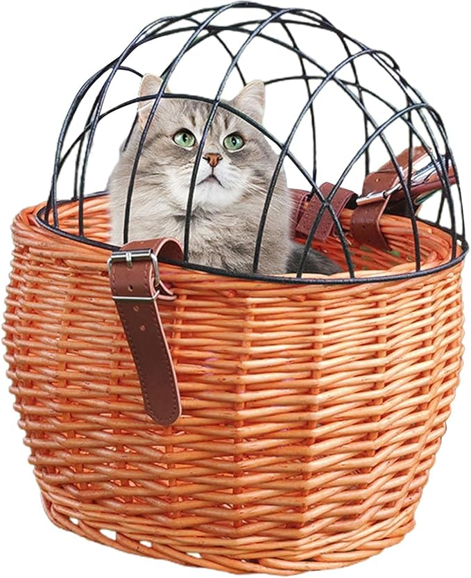 Shiker Bicycle Basket with Wire Mesh Cover, Wicker Bike Basket for Small Dogs Cats, Front Handlebar Bike Basket, Easy to Detachable, 11.81 x 9.84 inch