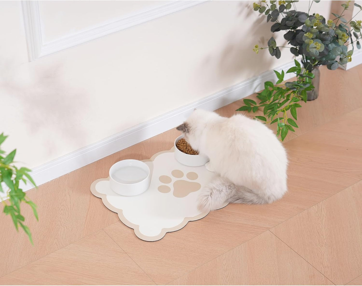 Ralxion Scalloped Dog Feeding Mat, Absorbent Mats for Dog Food and Water Bowl, Dispenser, Cute Elegant Aesthetic Khaki Beige Scallop Pet Placemat for Dogs, Cats, Puppy Accessories, 17" X 24”