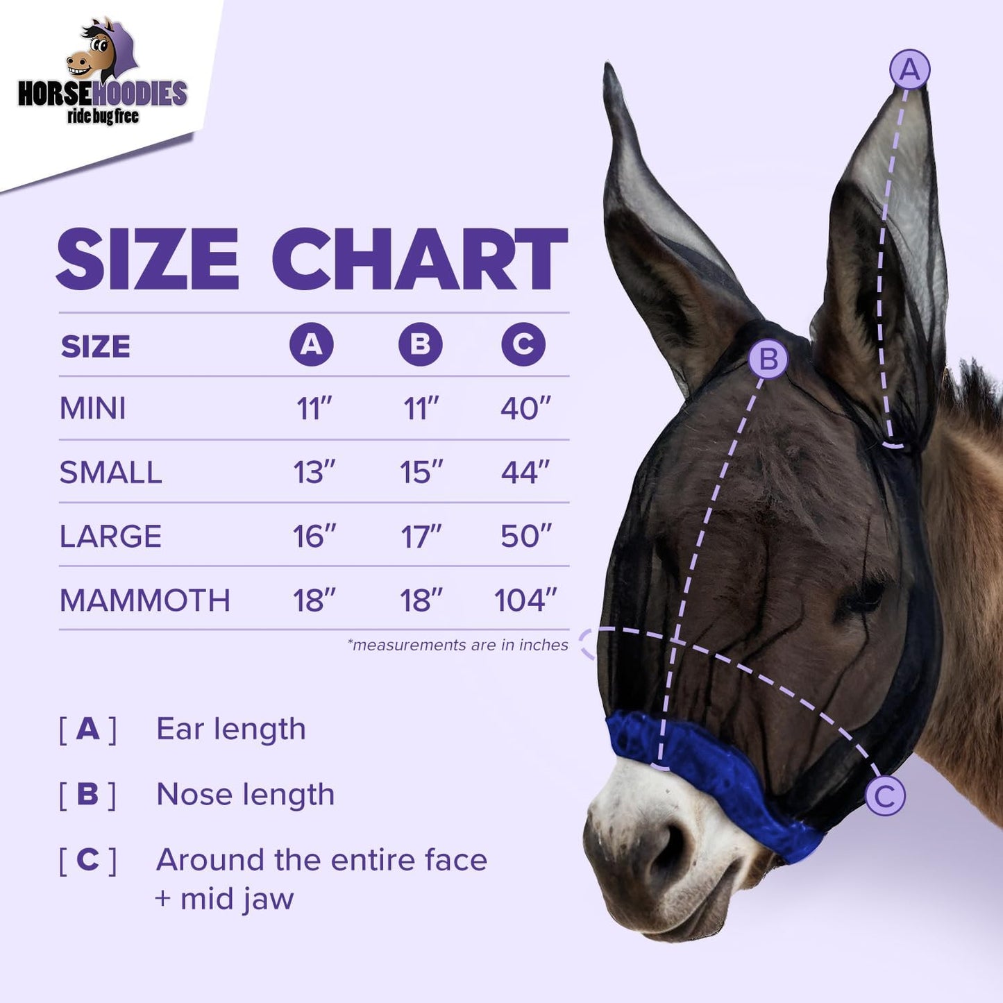 Donkey Fly Mask with Long Ears (Black) Made in USA - Mule Fly Mask with Ears Protection from Insects and Bugs, Small Donkey Soft Mesh Fabric with Adjustable Fastener, Face Cover Supplies for Donkeys