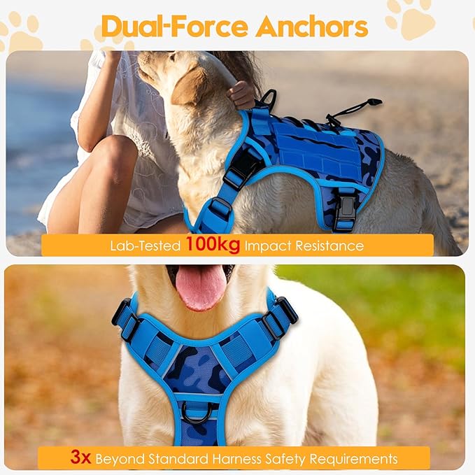 Heavy-Duty Tactical Dog Harness for Large Dogs, No Pull Adjustable Reflective Pet Vest with Molle System, K9 Military-Grade Control for Service Training, Outdoor & 10+ Breeds, Blue Camo, XX-Large