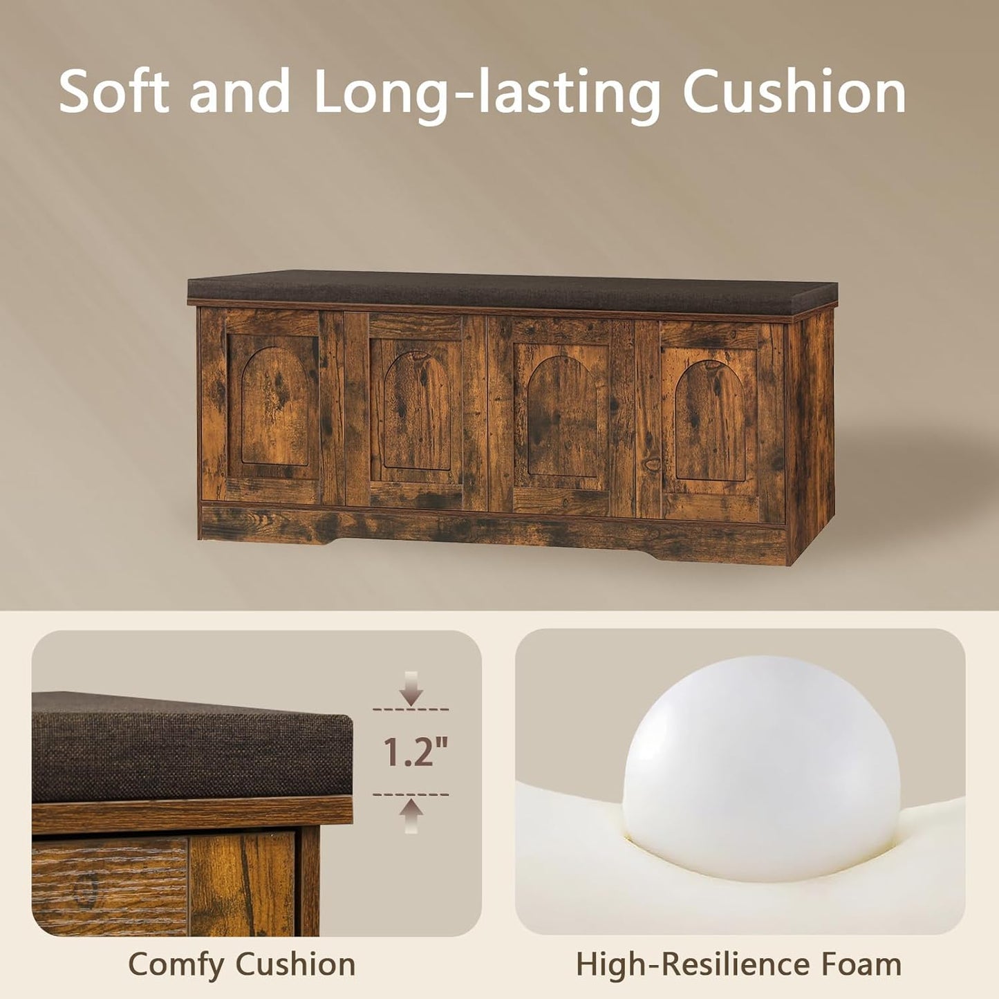 DINZI LVJ Shoe Bench, Entryway Storage Bench with Doors, Cushion, 2-Tier Shoe Rack with 8-Cubby, 47.2”L x 13.8”W Shoe Organizer Cabinet, Adjustable Shelf, Living Room, Bedroom, Rustic Brown