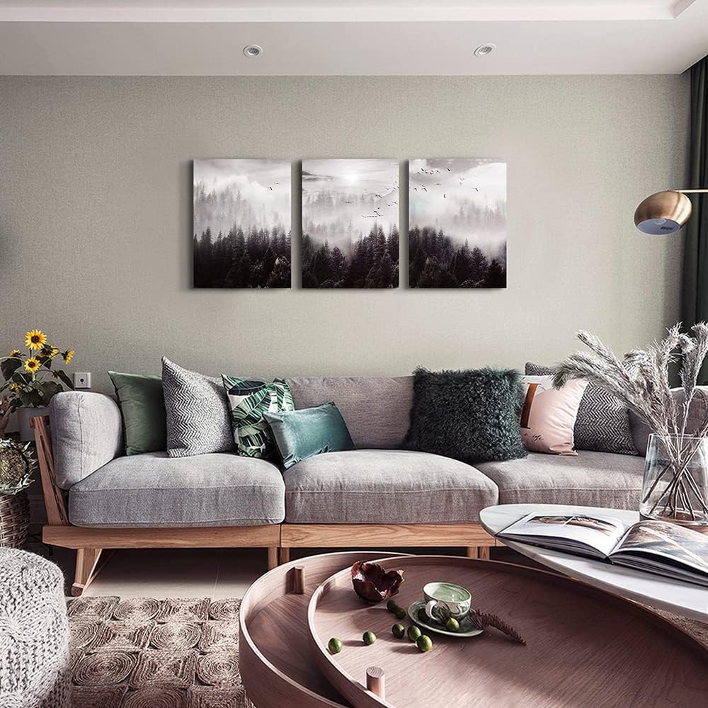 Large Size Canvas Wall Art For Living Room Boho Wall Decor For Bedroom Wall Decorations For Office Foggy Forest Trees Wall Paintings Scenery Wall Pictures Artwork Home Decoration 20" X 28" 3 Piece