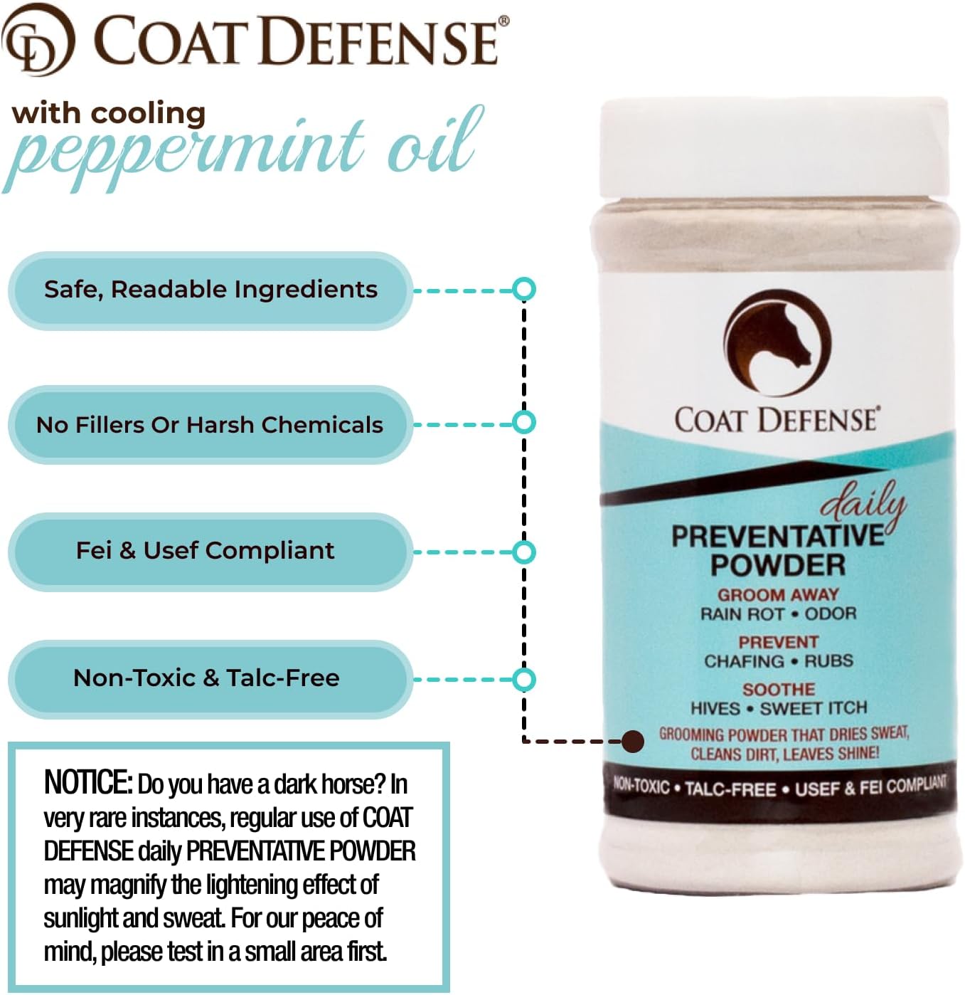 COAT DEFENSE Daily Preventative Powder for Horses - Safe & Effective Equine Skin Conditioner Sweet Itch, Skin Funk, & Rain Rot - Dry Horse Shampoo, 16 oz Formula with All Natural Ingredients
