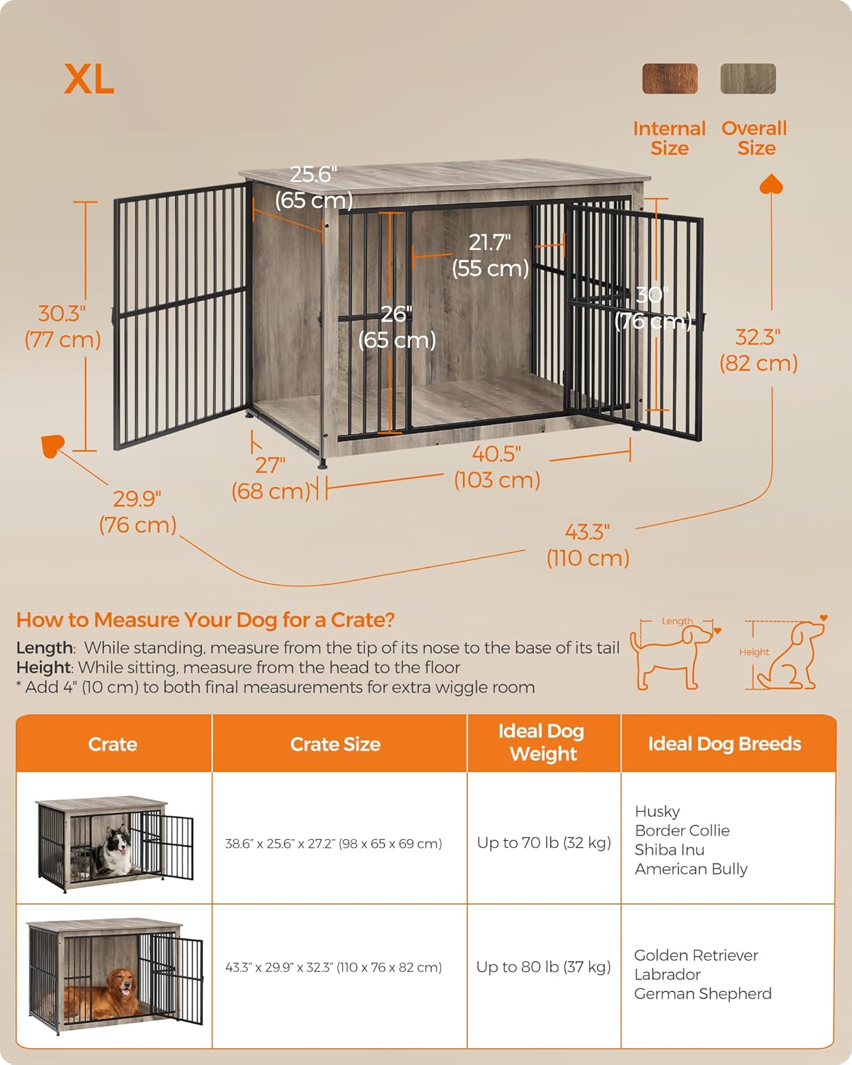 Feandrea Dog Crate Furniture, 43.3" Side End Table, Modern Kennel for Dogs Indoor up to 80 lb, Heavy-Duty Dog Cage with Enclosed Base, Double-Door Dog House, Greige UPFC024G01