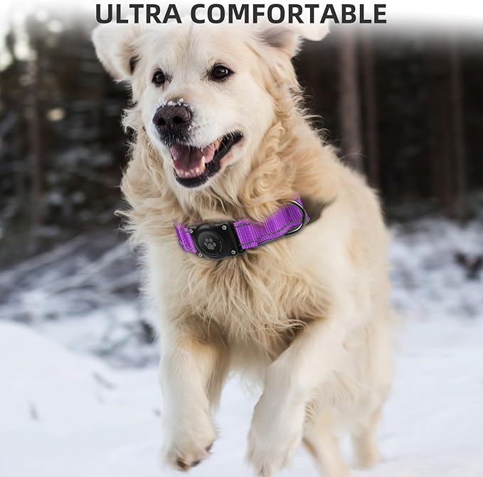 Airtag Dog Collar - 100% Waterproof Air tag Dog Collar Holder for Apple AirTag, Reflective, Soft Padded, Everlasting, GPS Dog Collar for Small Medium Large Dogs (Purple, M)