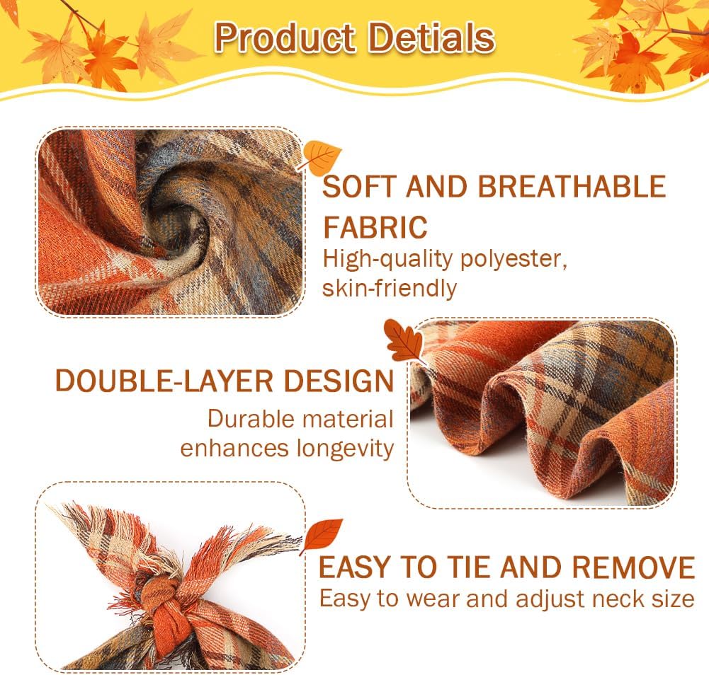 Vivifying Halloween Dog Bandana, 2 Pack Fall Thanksgiving Classic Plaid Dog Scarf with Tassels Edges, Funny Pet Apparel & Accessories Costume for Photo Prop, and Party Decor (Large, Yellow&Orange)