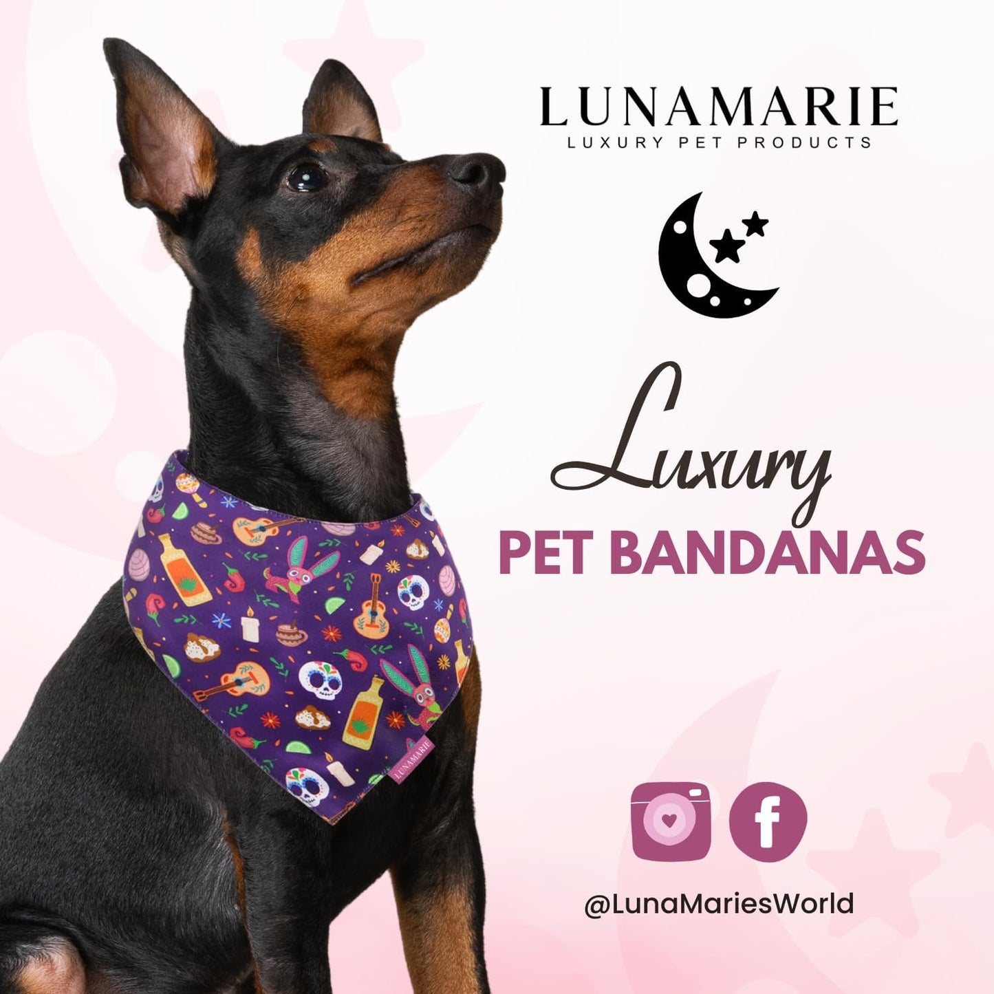 LunaMarie - Luxury Dog Bandanas - Dia De Los Muertos Design | Premium & Silky Poly Fabric | 100% Handmade | Custom Shape Dual Layered Small, Medium, Large Cat Scarf (Day of The Dead, Medium)