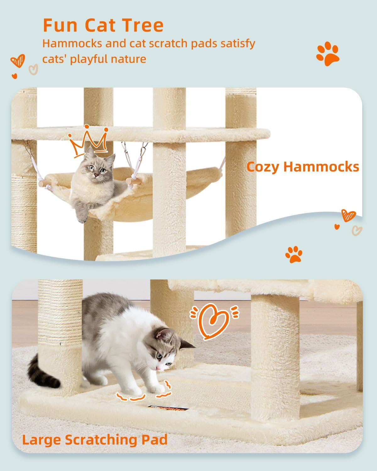 Taoqimiao Cat Tree, 68-Inch Cat Tree Cat Tower for Indoor Cats, Plush Multi-Level Cat Condo with 6 Scratching Posts, 2 Perches, 2 Caves,Hammock, 3 Pompoms,MS020SM Beige
