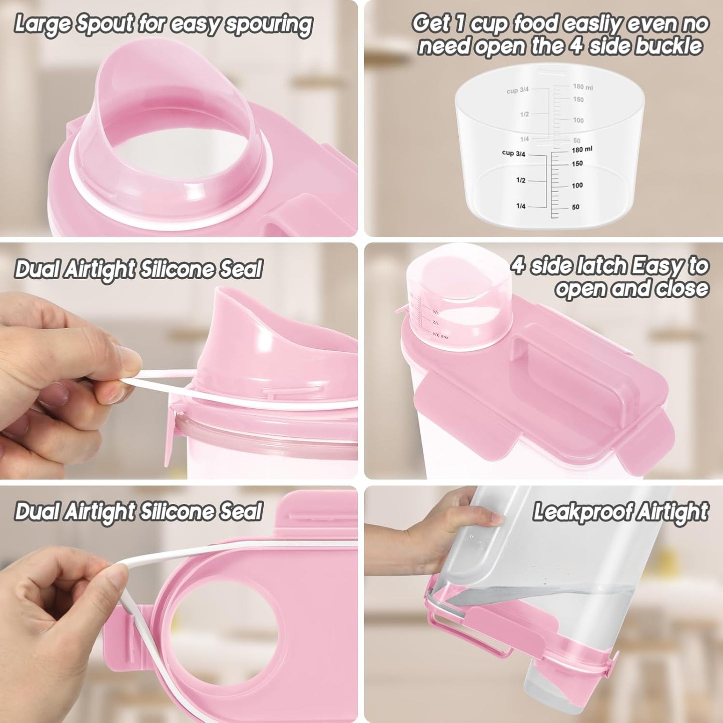 5-7Lbs Dog Cat Food Storage Container with Upgraded Large Nozzle BPA-free, 4 Snap Seals Plastic Pet Food Storage Containers with Handles (2, Light Pink, 5L)