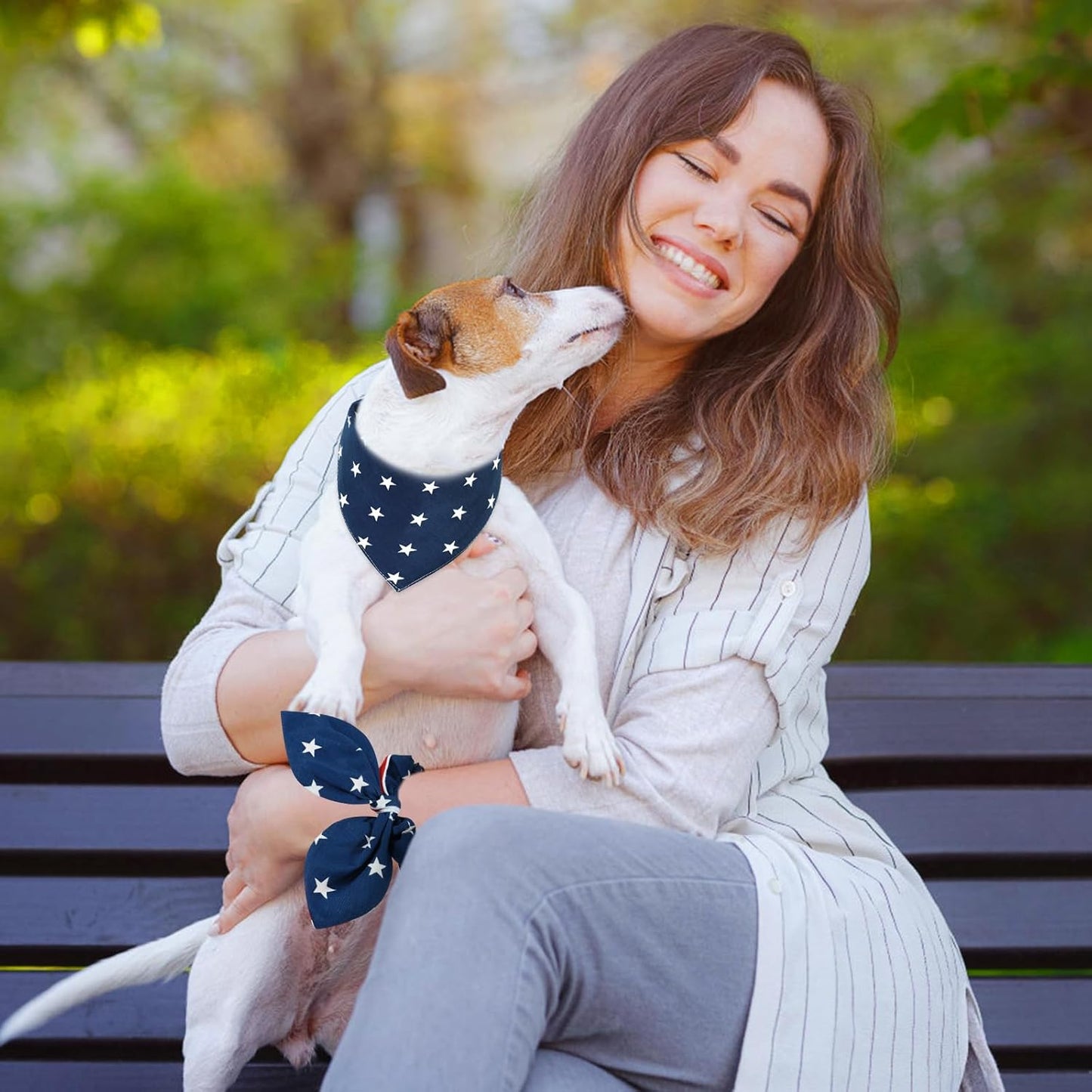 E-Clover 4th of July Dog Bandanas & Matching Scrunchie Set American Flag Dog Scarf Washable Patriotic Pet Bandana Triangle Kerchief Bibs for Small Dogs Puppy Owner Gifts