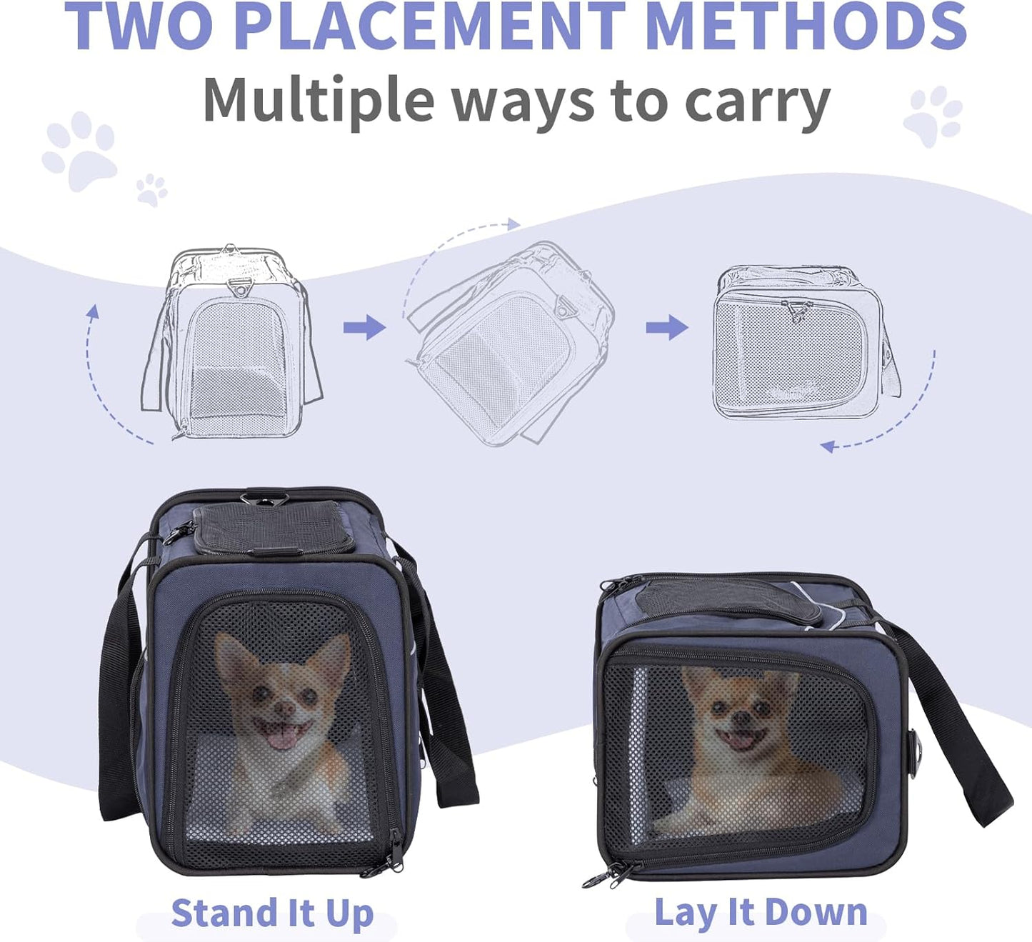 Petsfit Airline Approved Pet Carrier for Small Dogs & Cats, 19x9x12 TSA Approved Carrier, with Removable Dual-Sided Padding (2-Way Placement) - Fits Under Most Airplane Seats, Escape Proof (Navy)
