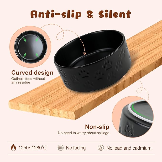 SPUNKYJUNKY Ceramic Elevated Dog Bowl Set with Acacia Wood Stand for Food and Water for Small Medium Sized Dogs (28.74 OZ, Black, Dog Paw Pattern)