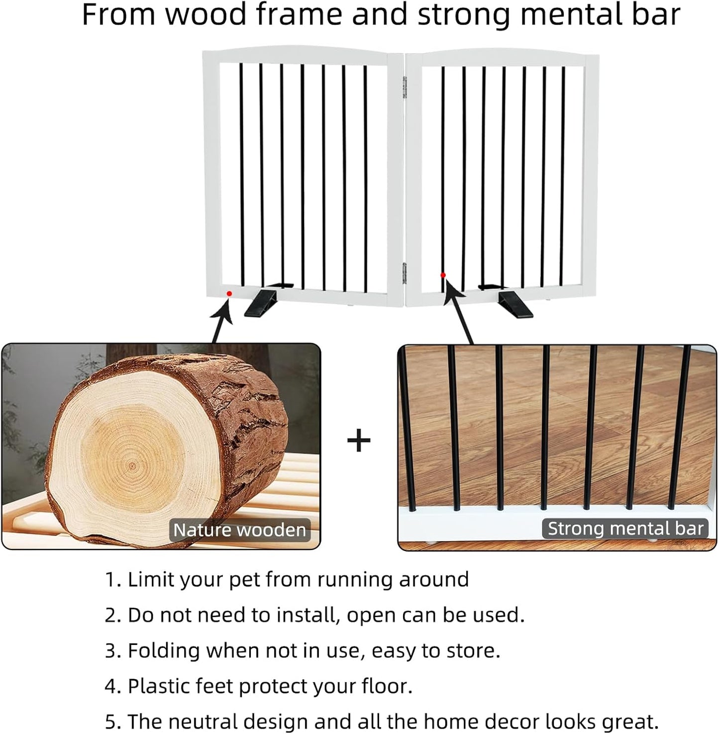 Freestanding Panel Dog Gate for Indoor, Doorways,Stairs, or Hallways,Foldable Wooden Dog Gates for House,Pet Gate for Dogs,Dog Fence, Puppy Gate,Support Feet Included,32 "Height-2 Panels,White