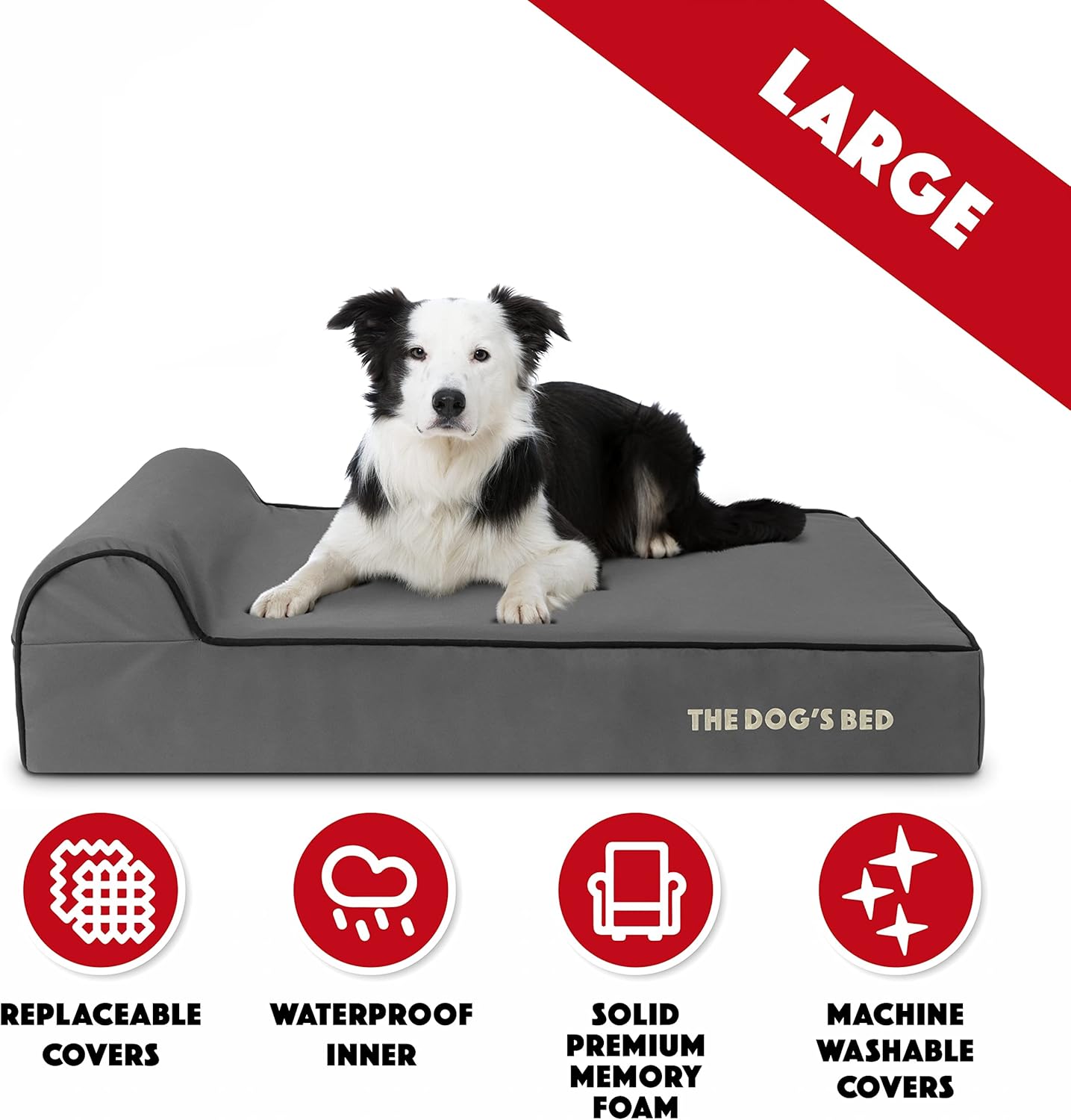 The Dog’s Bed Orthopedic Headrest Dog Bed Large Grey/Black 40x25, Memory Foam, Pain Relief: Arthritis, Hip & Elbow Dysplasia, Post Surgery, Lameness, Veterinary Approved, Waterproof Washable Cover