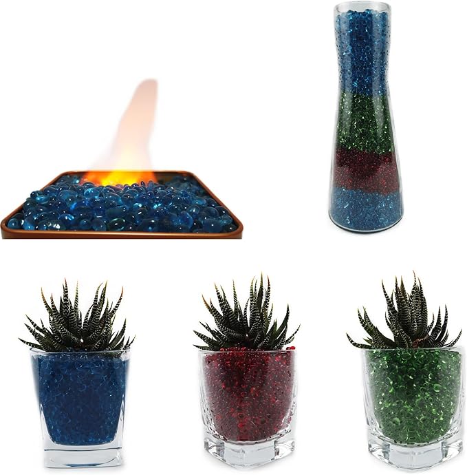 Lustering Decorative Round Flat Glass Beads,Glass Marbles,Glass Pebbles,Vase Filler Beads for Fire Pit Crafts Aquarium Garden Decoration,3-6mm,1-Pound Jar (Marine Blue)