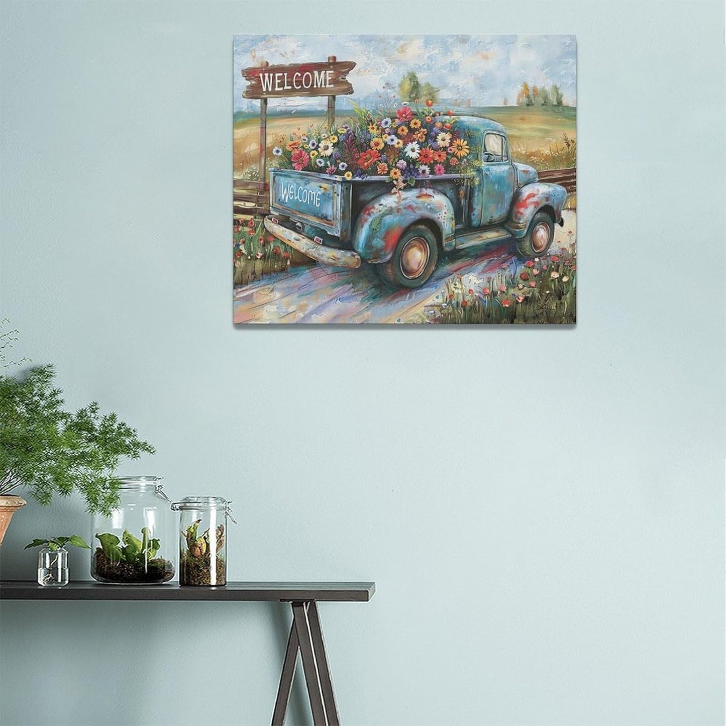 Farmhouse Truck Wall Art Rustic Country Wildflowers Wall Decor Road Flowers Landscape Pictures Canvas Print Painting Artwork for Bathroom Living Room Bedroom 20"x24"