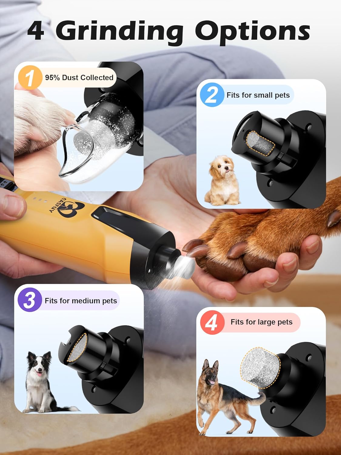 Casfuy 6-Speed Dog Nail Grinder – 50%+ Boost Power Dog Nail Trimmers Quiet with Dust Cap & 2 LED Lights & 2000mAh Battery & 4.8V Motor Electric Pet Toenail File Tool for Large Medium Small Dogs Cats
