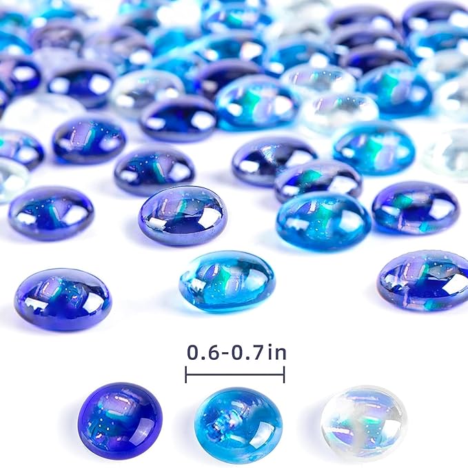 FUTUREPLUSX 1LB Iridescent Flat Glass Marbles, Blue Mixed Glass Beads Vase Fillers Decorative Gem Pebbles Sparkling Floral Fish Tank Rocks for Vases Table Scatter Aquarium Decor DIY Craft