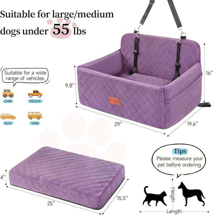 Dog Car Seat for Medium/Large Dogs, Pet Booster Seat for Under 55 lbs or 2 Small Dogs, Detachable & Washable Dog Car Bed for Backseat with 2 Safety Leashes (Purple)