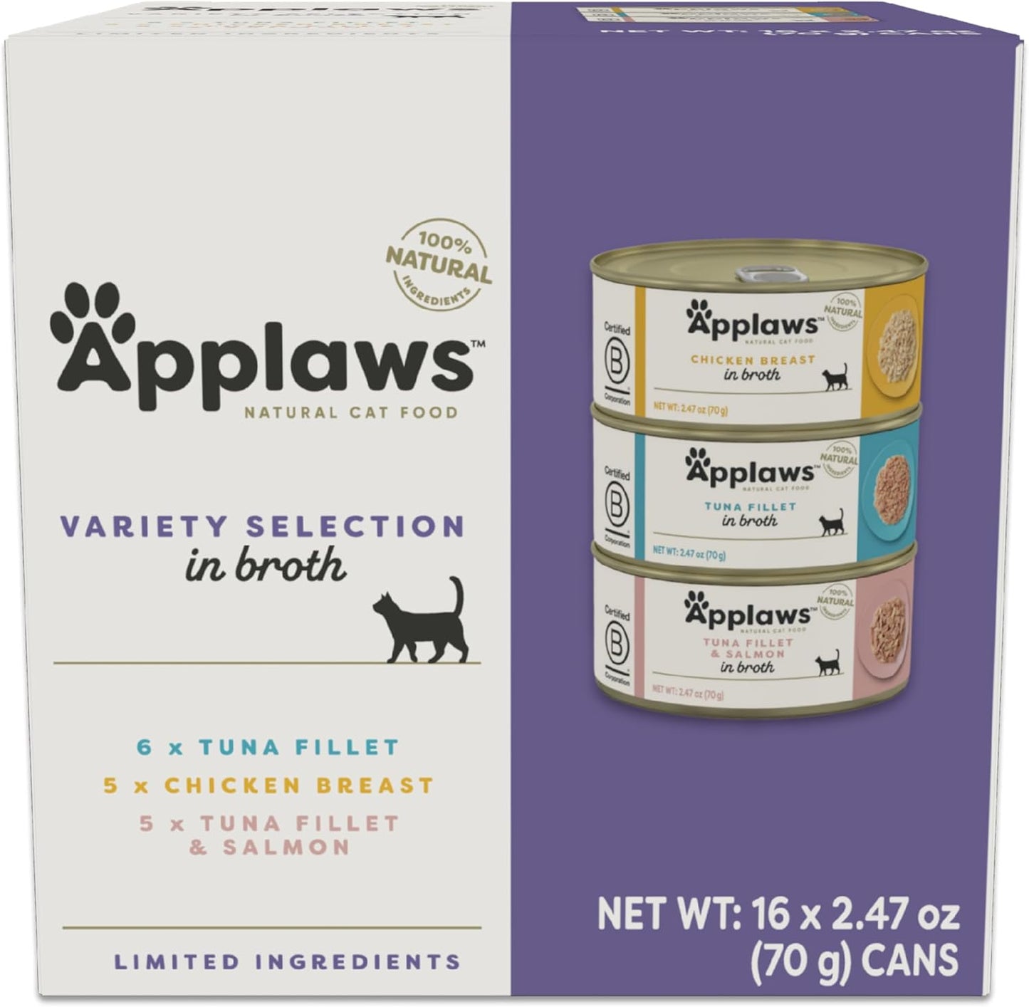 Applaws Natural Wet Canned Cat Food, Made with Limited and Natural Ingredients, Real Protein with No Artificial Additives, Variety Pack in Broth (16 x 2.47oz Cans)