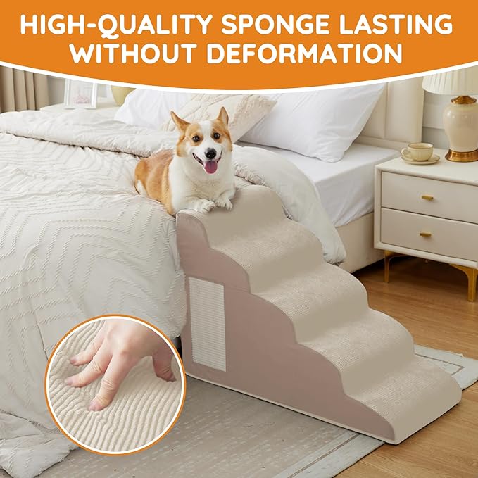 Pet Stairs, Dog Stairs for Small Dogs, Dogs Steps, 5-Step Curved Dog Ramp for Bed, Couch, Sofa, Car and Chairs, Non-Slip Bottom Design, Cat Scratching Board, High Density Foam Portable Pet Step, Beige