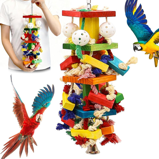 Interactive Parrot Toys for Large Birds, Cockatoo, Cockatiel, and Parakeet Toys, Original Wooden and Natural Material, Fun Durable and Eco-Friendly Bird Cage Toy