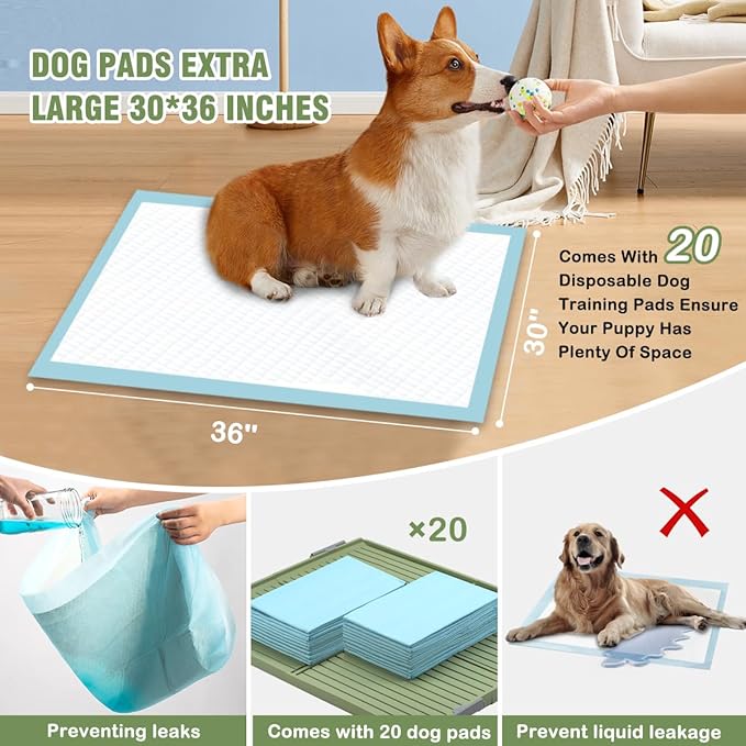 Puppy Pads & Holder Set – Includes 20 Extra Large 30×36in Pee Pads, Anti-Slip Leak-Proof Pee Pad Holder with Secure Lock for Puppies & Large Dogs and All Breeds