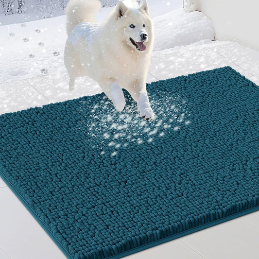 Dog Door Mats for Muddy Paws, Chenille Absorbent Door Mats, Non Slip Heavy Mud Mat for Dogs, Soft Indoor Door Mat for Entryway, Mud Paws, Inside Floor,30" X 20", Teal Blue