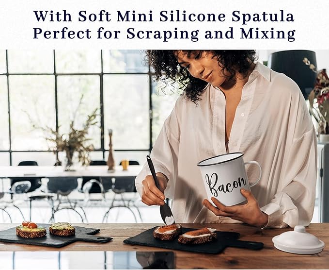 Bacon Grease Container with Strainer - With Food-Grade Silicone Spatula , 46oz Large Enamel Rustic Farmhouse Fat Container , Keeper , Recipes , Dishwasher Safe