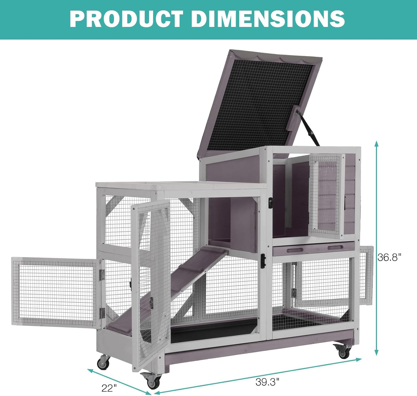 Rabbit Hutch Indoor for 2-4 Rabbits & Guinea Pigs，Bunny Cage with Slide-Out Plastic Trays，Wooden Small Animal Cage for Rabbits, Bunnies, and Guinea Pigs