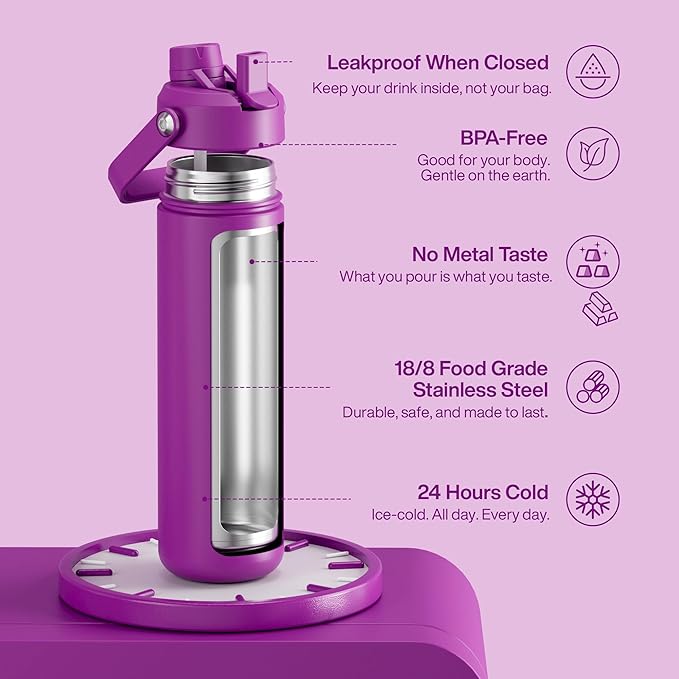 Insulated Water Bottle with Straw Stainless Steel Water Bottle, Leak-Proof, BPA-Free, Double Wall Vacuum Keeps Cold for 24 Hours for Sports, Travel, School (26 oz, Bright Magenta)