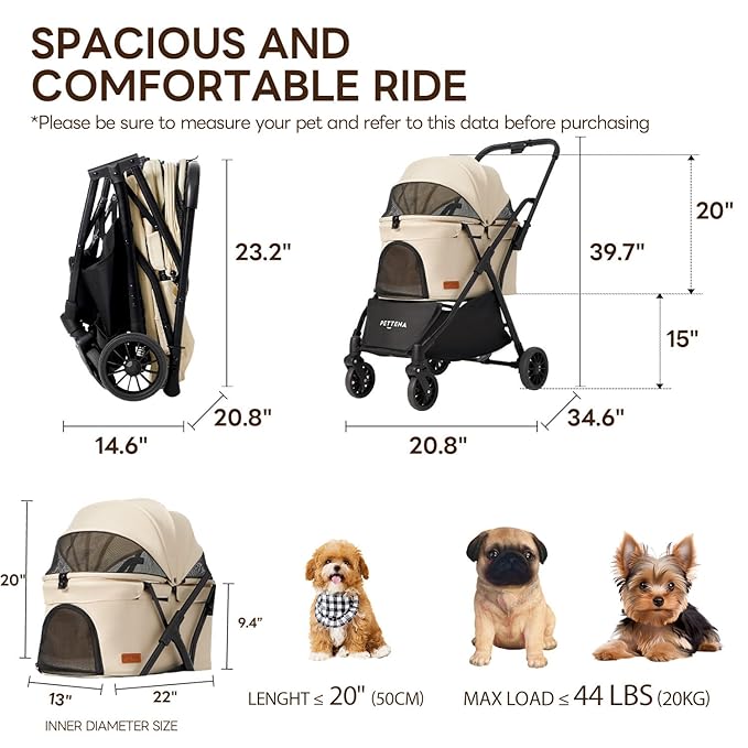 【One-Pull Open Ver.】 PETTENA Dog Stroller for Small Dogs, One-Touch Foldable Dog Stroller for Small/Medium Dogs Cats up to 44 Lbs, Khaki