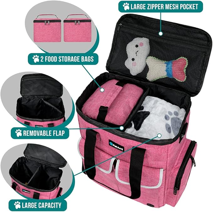 PetAmi Dog Travel Bag Pet Supplies Accessories Organizer for Traveling, Camping, Weekend; Cat Pet Travel Bag Kit Includes 2 Food Storage Containers, 2 Collapsible Bowls, 1 Feeding Mat (Pink)