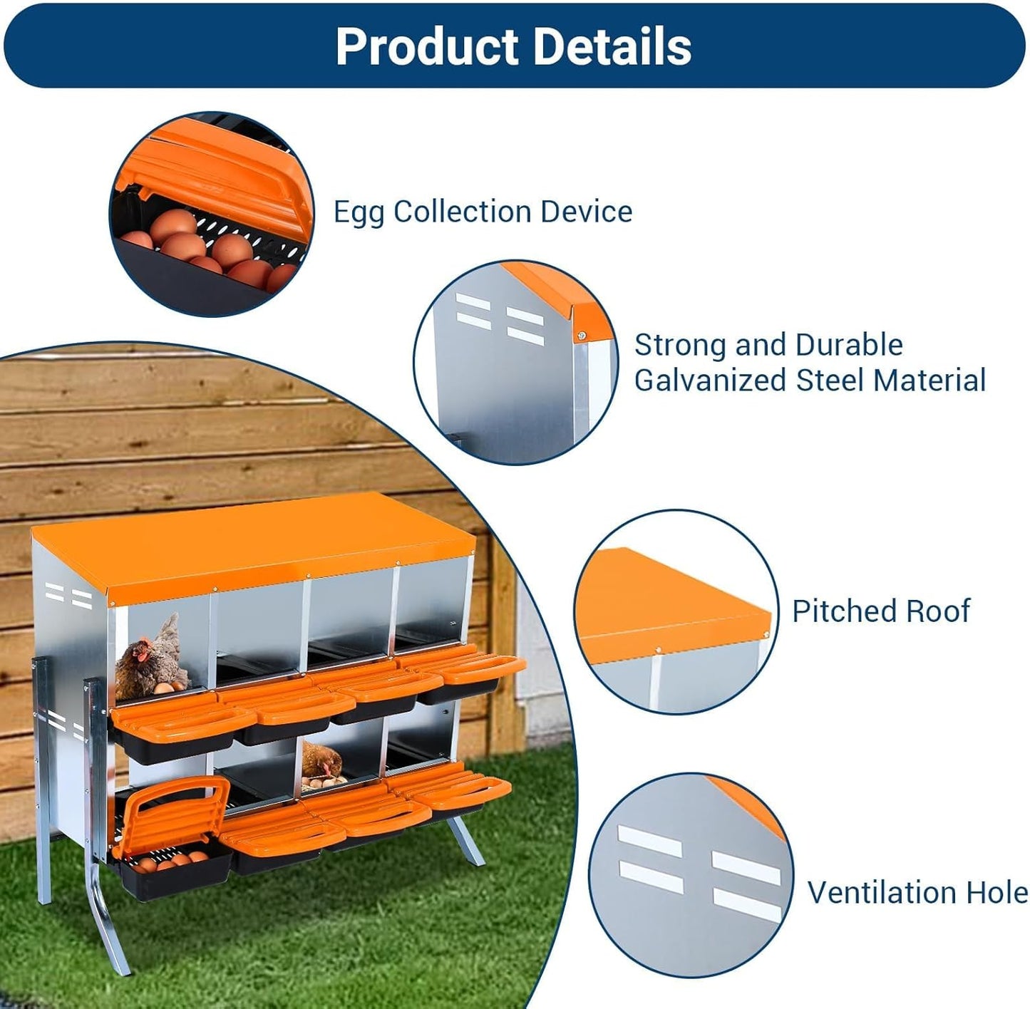 Chicken Nesting Boxes, 8 Hole Metal Chicken Laying Box with with Removable Trays and Roll Out Egg Collection for Chicken Coop, with Metal Bracket, Orange