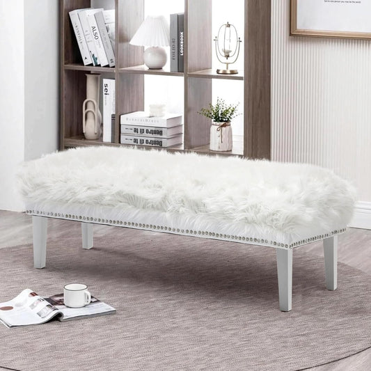 46 Inch White Bedroom Bench, Modern Multi-Purpose Bench with Wooden Legs, White Faux Fur Upholstered Bench for Bedroom, Living Room, or Entryway