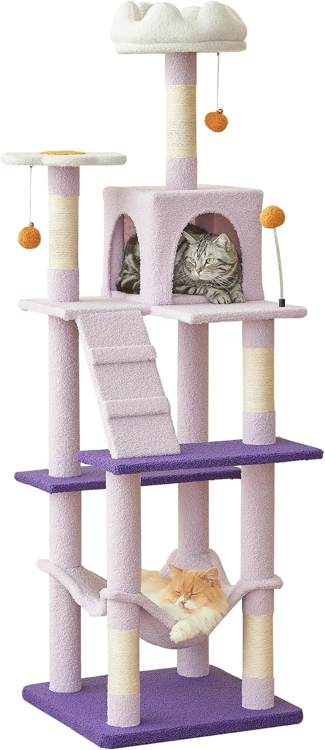 MWPO Flower Cat Tree for Indoor Cats, 63.8 Inches Multi-Level Cat Tower with Sisal-Covered Scratching Posts, Padded Platform, Hammock, Dangling Toys, Stable Cat Condo Pet Play House