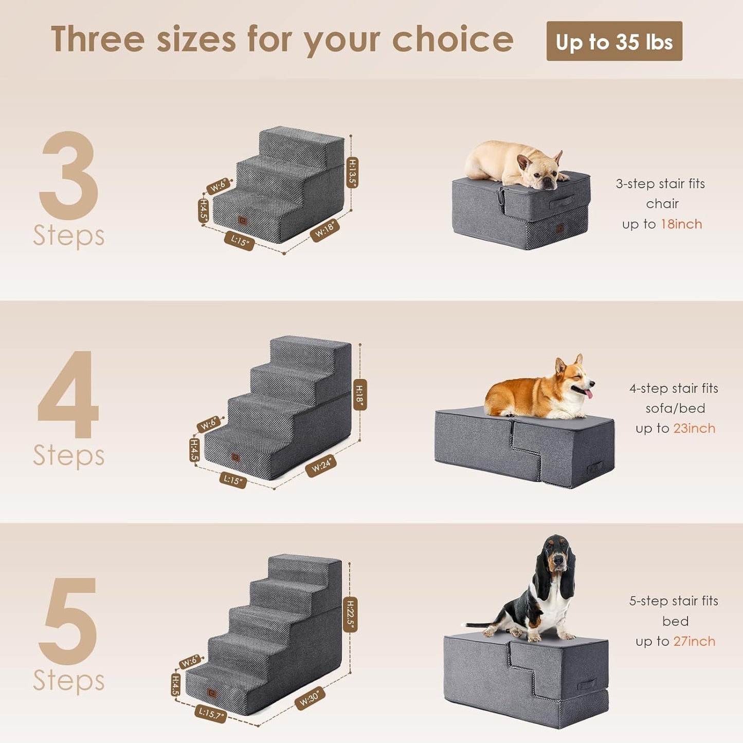 EHEYCIGA Dog Stairs for Bed 18" H, 4-Step Dog Steps for High Bed, Pet Steps for Small Dogs and Cats, Non-Slip Balanced Pet Ramp Indoor, Grey