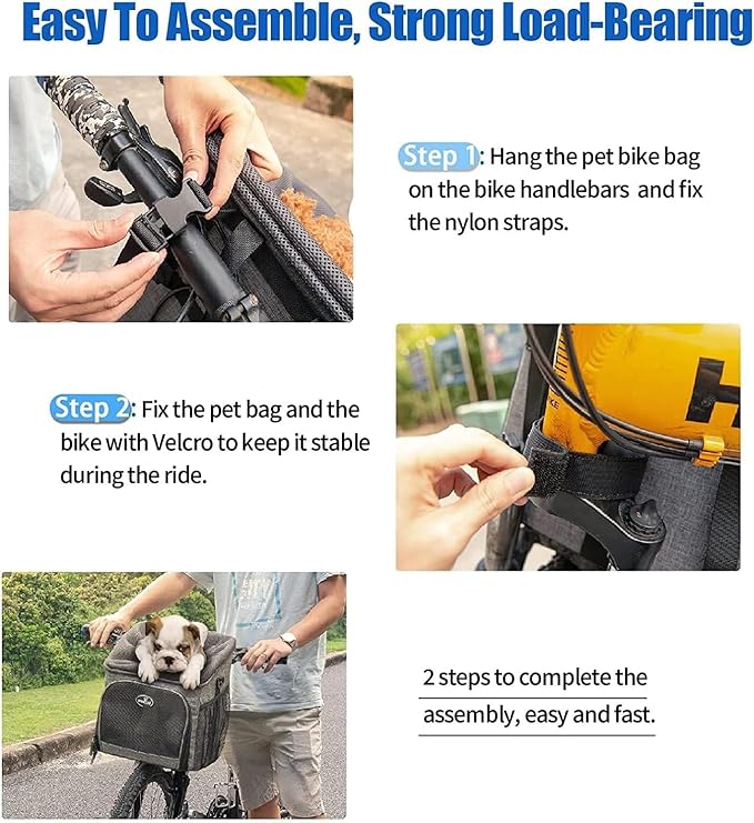 Dog Bike Basket Carrier, Pet Bicycle Front Carrier Backpack for Bike Riding Foldable Removable, Reflective Strips, 2 Side Storage Pockets, Pet Travel Bag for Cats Small Dogs