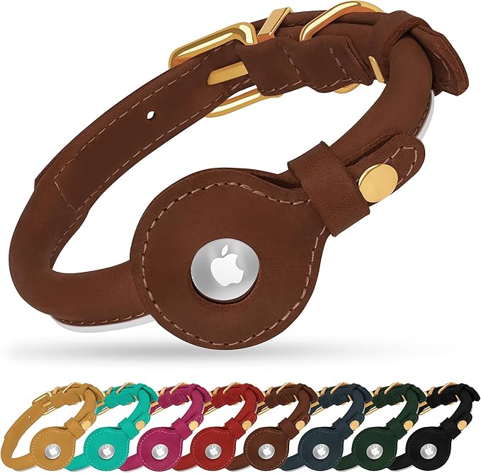 OOPSDOGGY Rolled Leather Dog Collar with Airtag Holder - Reflective Round Airtag Dog Collar - Soft Tracking Pet Collar for Small Dogs Puppy Cats Kitten (Brown, L, 14"-18")