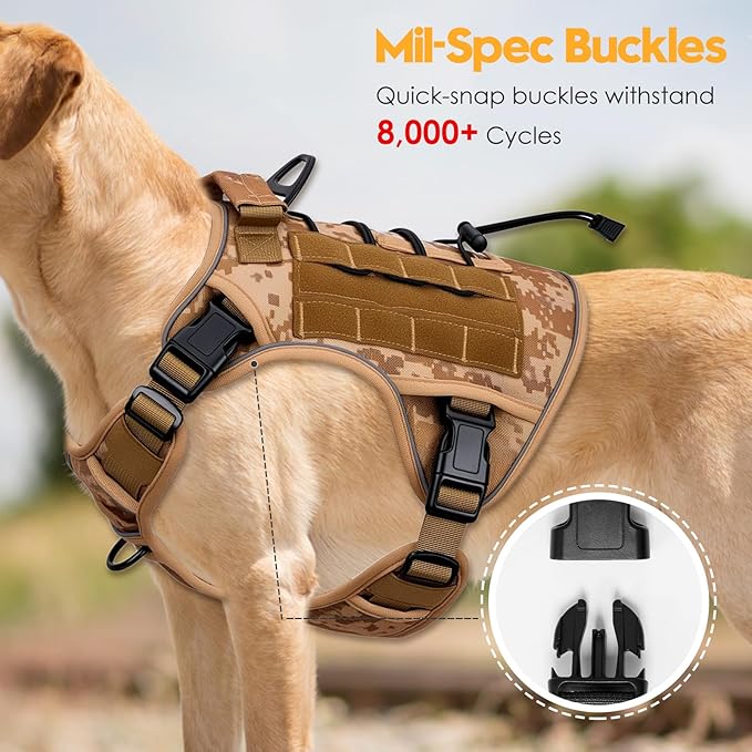 Heavy-Duty Tactical Dog Harness for Large Dogs, No Pull Adjustable Reflective Pet Vest with Molle System, K9 Military-Grade Control for Service Training, Outdoor & 10+ Breeds, Khaki Camo, X-Large