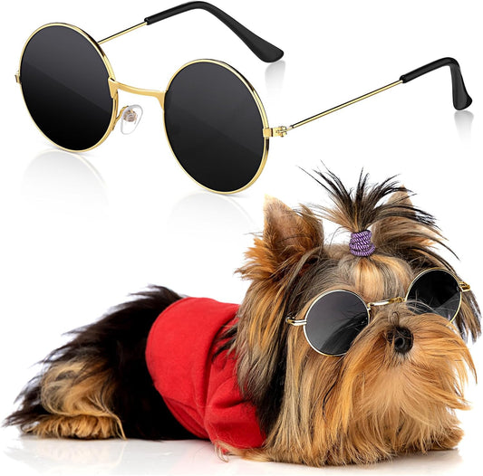 Dog Sunglasses Retro Pet Glasses Doll Glasses Classic Round Dog Glasses Metal Cat Puppy Eye Wear Hippie Costumes for Cats and Dogs, Photos Props Cosplay Party Costume (Gold, Black,Modern Style)