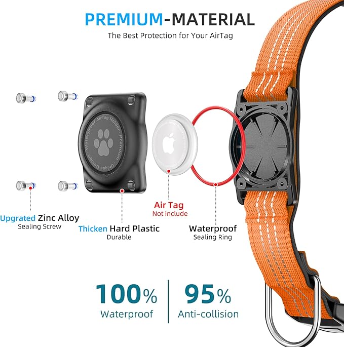 Upgraded AirTag Dog Collar, IP68 Waterproof Air Tag Dog Collar Holder, Reflective, Ultra-Durable, Comfortable Padded, Heavy Duty Dog Collars for Small Medium Large Dogs (L (14.8"-20.3"), Orange)