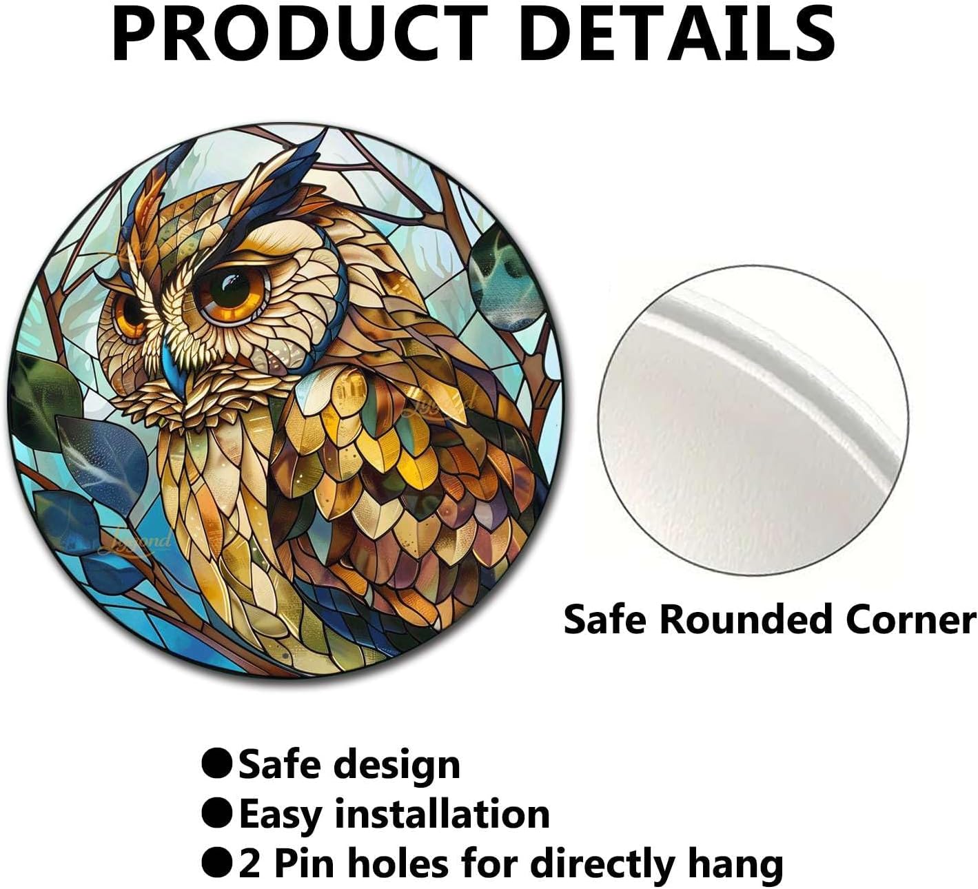 Lygond Metal Sign Tin Sign Circular Stained Glass Owl Bathroom Signs for Home for Garden 12×12 Inches