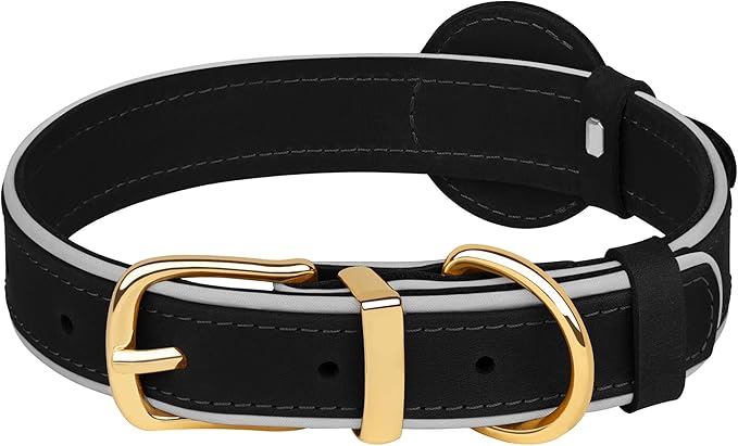 OOPSDOGGY Reflective Geniune Leather Airtag Dog Collar Soft Padded Collars for Small Medium Large Breed Dogs Puppy, 4 Sizes, 7 Colors (Black, Large, 15"-19")