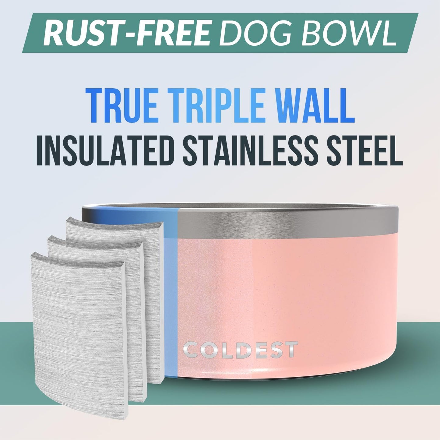 Coldest Dog Bowl - Anti Rust Metal, Non Slip, 3 Layers Insulated Stainless Steel Dog Bowls - Spill Proof & Heavy Duty - Water Bowl for Dogs, Cats, Dish Washer Safe (200 oz, Forever Pink Glitter)