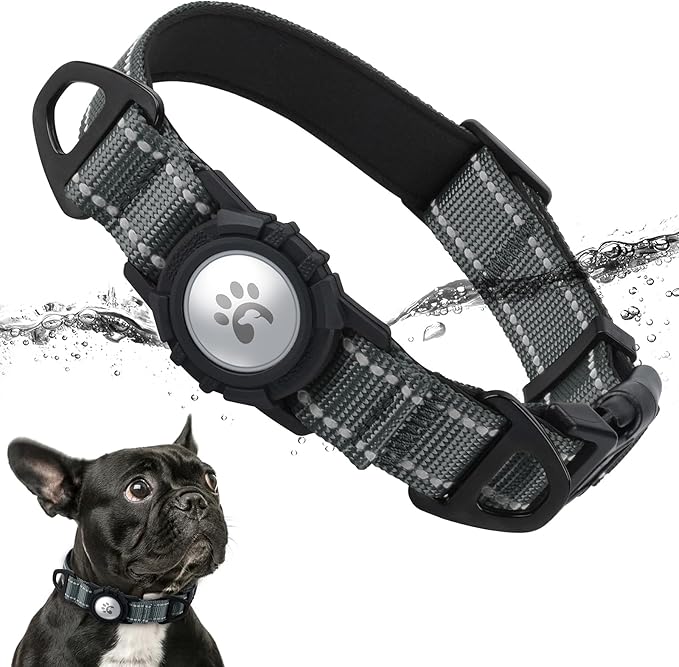 TagME Airtag Dog Collar,Waterproof Reflective Pet Collar with Airtag Holder,Soft Padded and Double D-Rings for Small Dogs,Grey